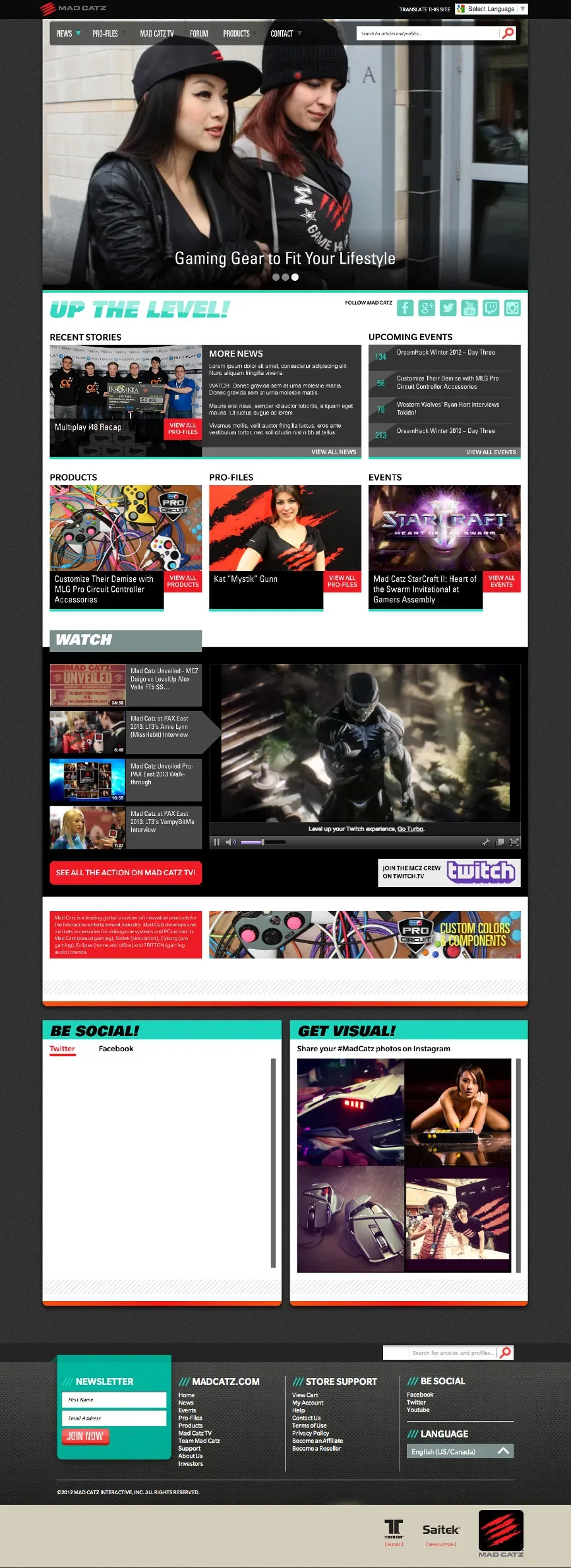 The Mad Catz homepage I shipped, 2013 — lifestyle hero, editorial feed, video, and social